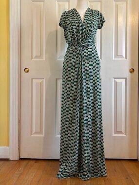 Vince Camuto Twist-Front Cap-Sleeve Jumpsuit Green/Navy/White Geo Print Size SM